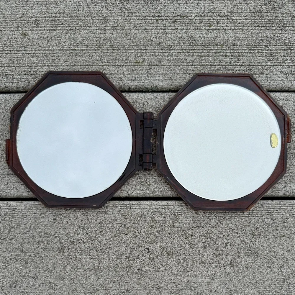 Vintage Lucite Faux Tortoise Shell Double Regular Magnify Mirror Compact Octagon